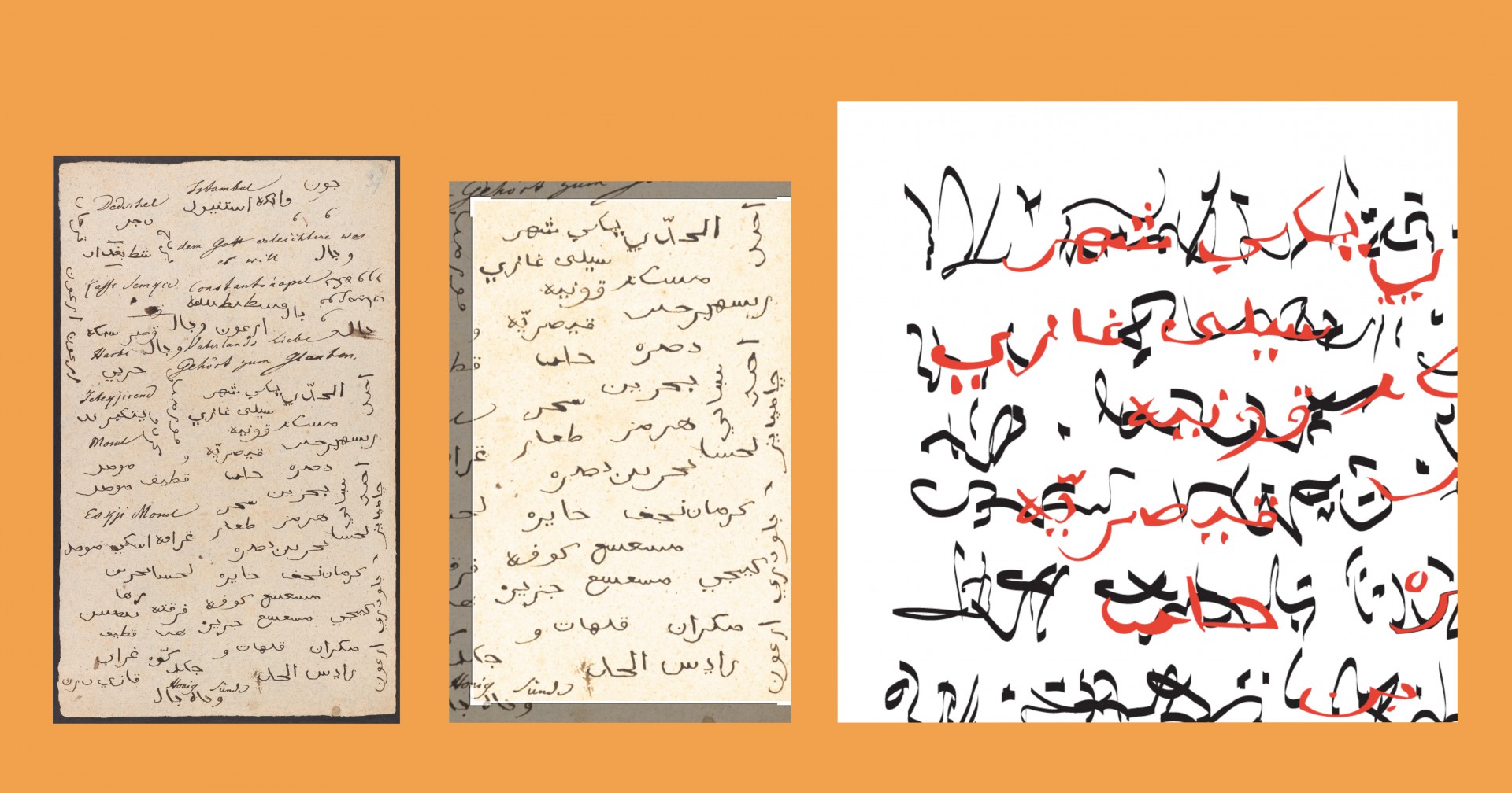 The ill. on the left (© Klassik Stiftung Weimar) shows an original page of Goethe's Arabic writing exercises. The ill. in the middle shows one of my chosen excerpts, from which I have taken Goethe's writing in digitised form. In all of the palimpsests I transformed Goethe's writing traces (shown here in red for clarity) into a vector file and uploaded them in this form onto an electronic writing tablet. Using an electronic stylus I added one or more layers of writing, which highlight certain characteristics or parameters of the original.